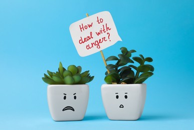 Photo of Potted houseplants with emotional faces and speech bubble saying How To Deal With Anger? on light blue background
