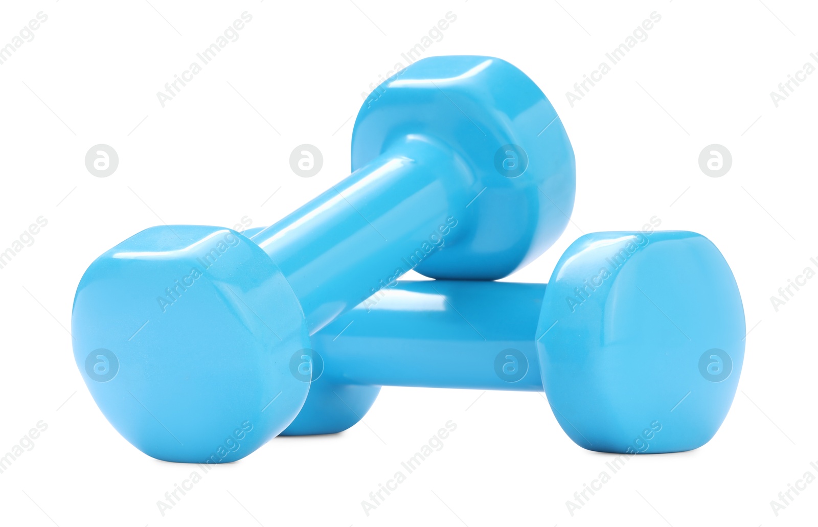 Photo of Light blue dumbbells isolated on white. Sports equipment