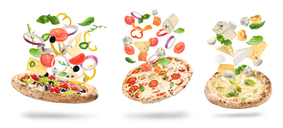 Image of Set with delicious pizzas and flying ingredients on white background, banner design 