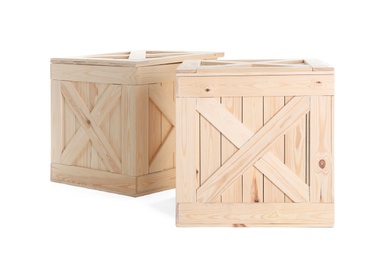 Photo of Pair of wooden crates isolated on white