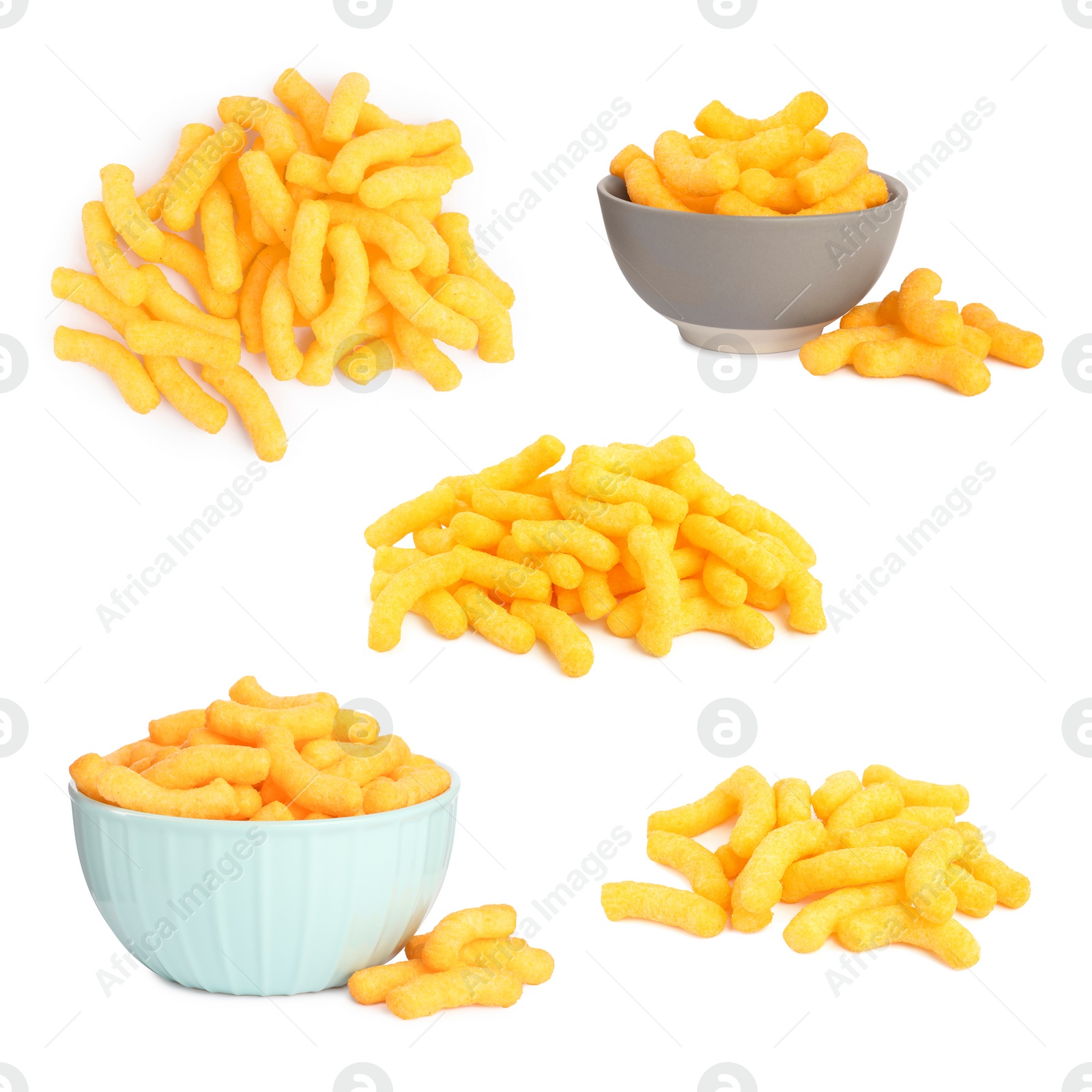 Image of Collage of tasty corn sticks on white background