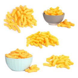 Collage of tasty corn sticks on white background