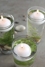 Candles, stones and fern leaves in glass holders with liquid on grey table, closeup