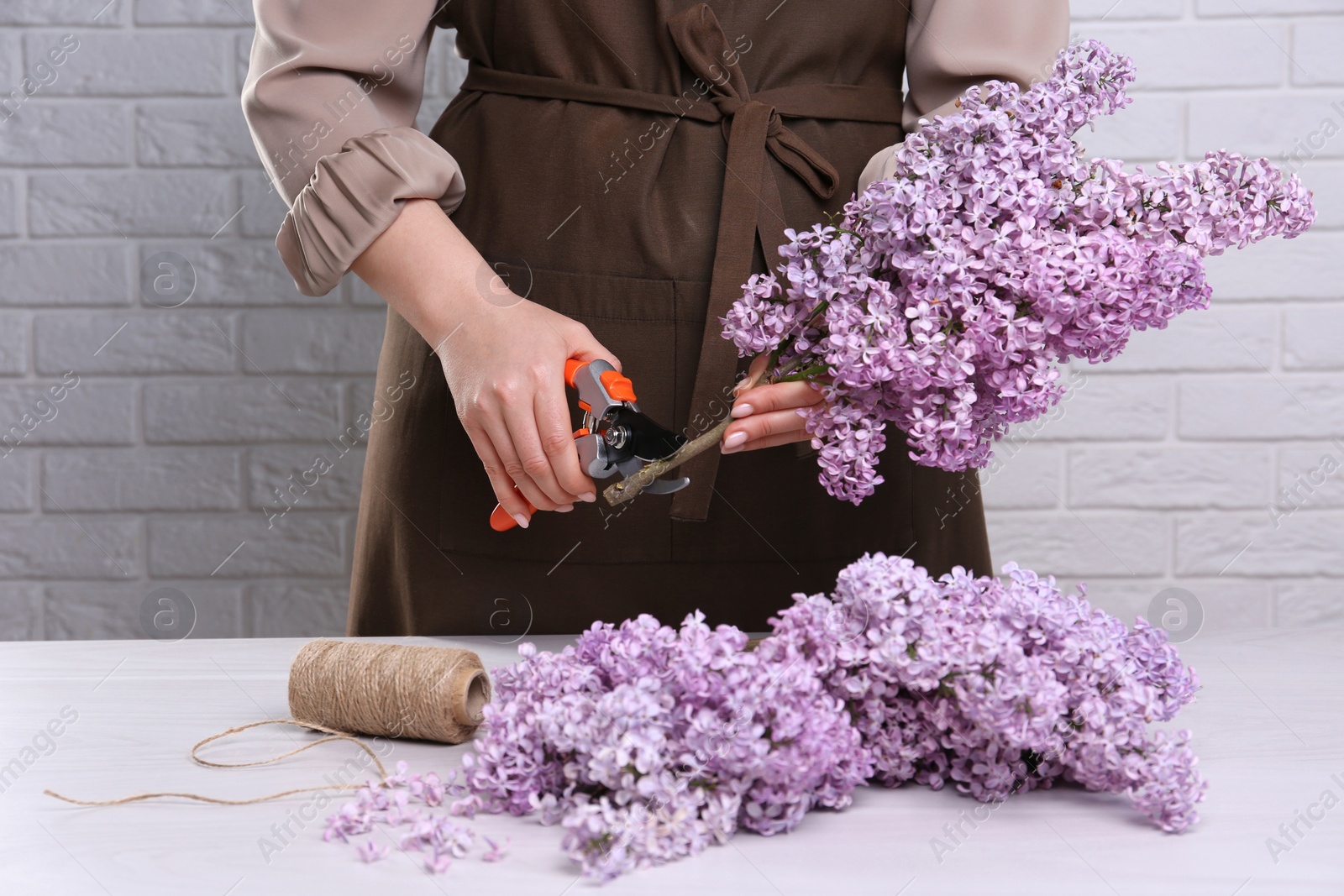 Photo of Woman trimming lilac branches with secateurs at white wooden table, closeup