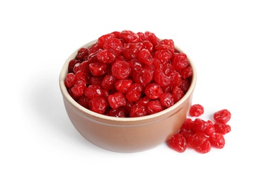 Photo of Bowl with tasty cherries on white background. Dried fruits as healthy food