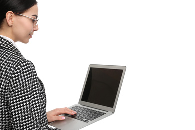 Photo of Young businesswoman with laptop on white background