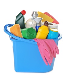 Photo of Bucket with cleaning supplies on white background