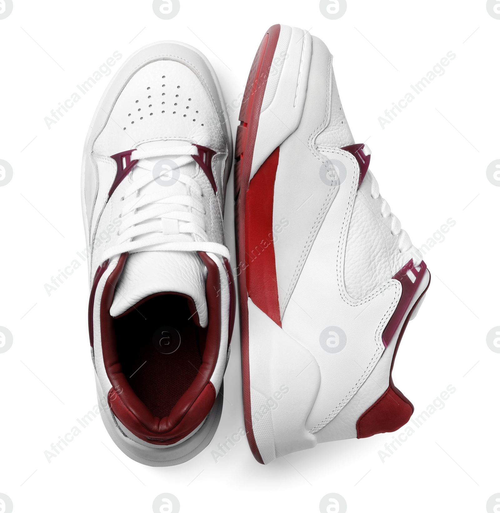 Photo of Pair of stylish shoes on white background, top view