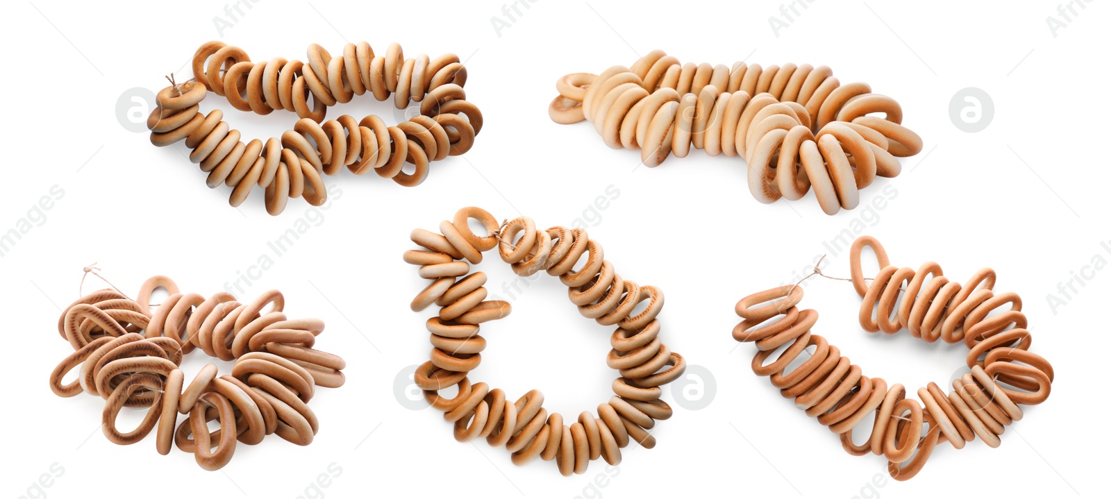 Image of Collage with bunches of delicious ring shaped Sushki (dry bagels) on white background, banner design