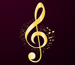 Golden treble clef and music notes repeating it's silhouette on dark burgundy background. Beautiful illustration design