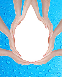 Image of Men forming water drop with their hands on light blue background, space for text. Ecology protection