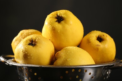 Tasty ripe quinces with water drops in metal colander on black background, closeup