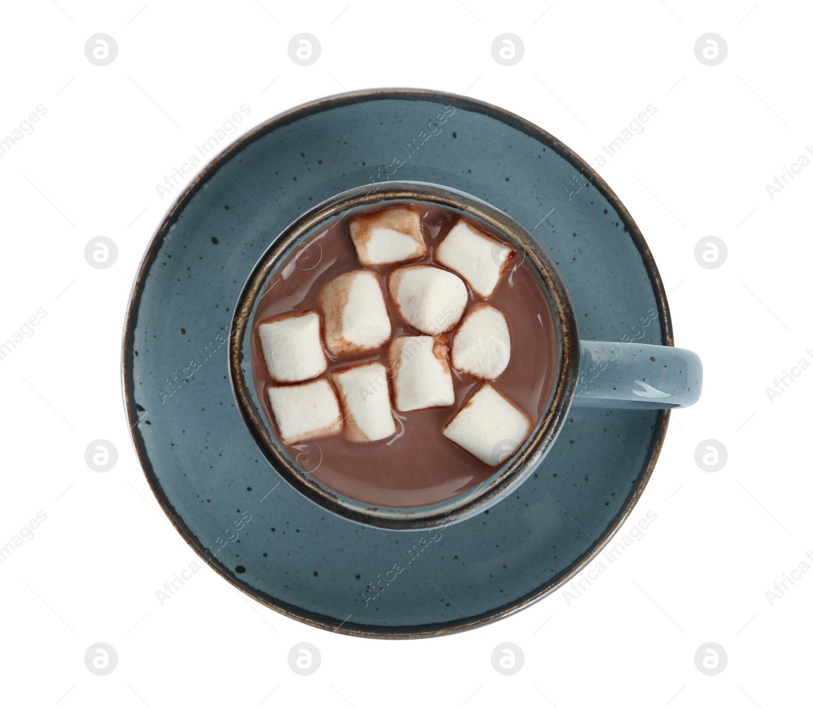 Photo of Cup of delicious hot chocolate with marshmallows isolated on white, top view