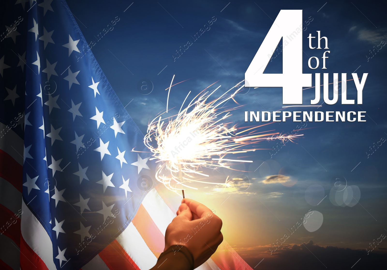 Image of 4th of July - Independence Day of USA. Woman holding burning sparkler near American flag outdoors at sunset, closeup