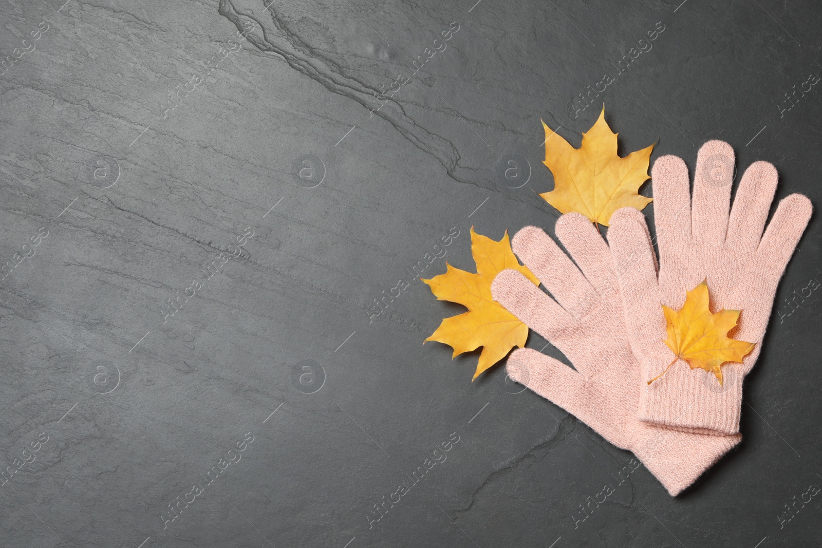 Photo of Stylish pink woolen gloves and dry leaves on black table, flat lay. Space for text