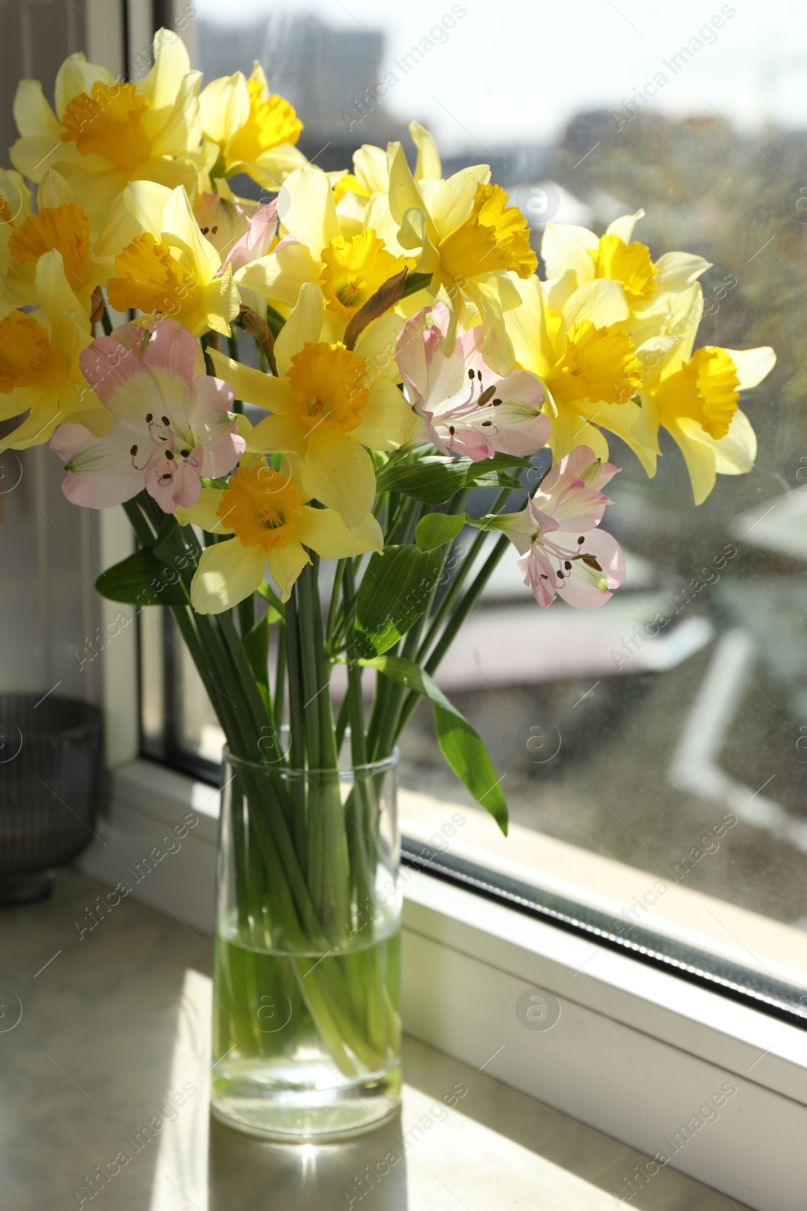 Photo of Bouquet of beautiful tender flowers in vase near window