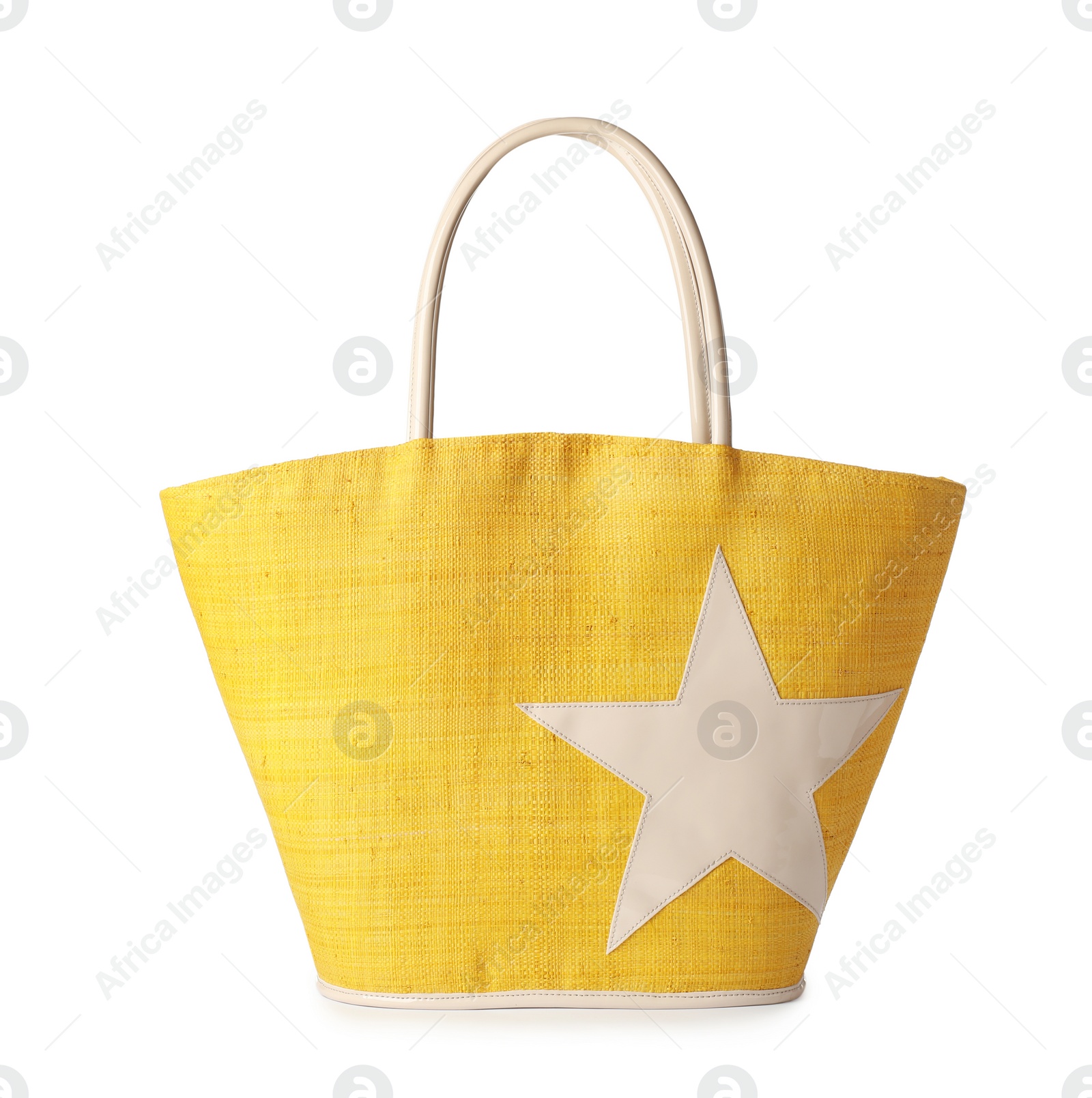 Photo of Stylish bright bag on white background. Beach accessory