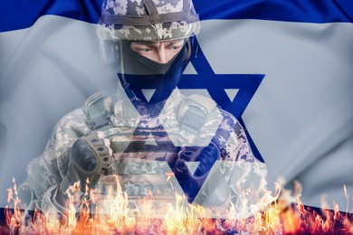 Image of Military, flag of Israel and flame, double exposure