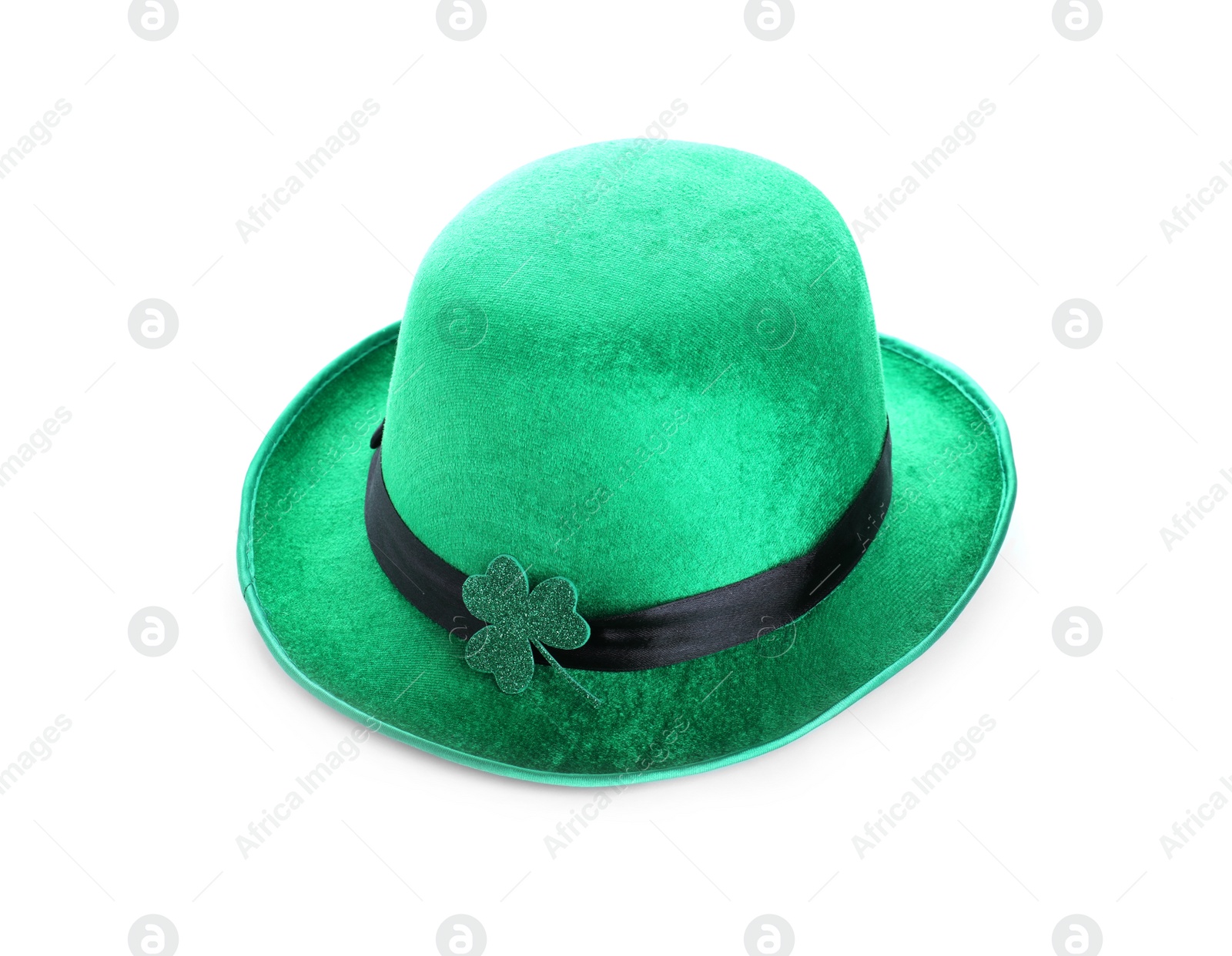 Photo of Green leprechaun hat with clover leaf isolated on white. St. Patrick's Day celebration