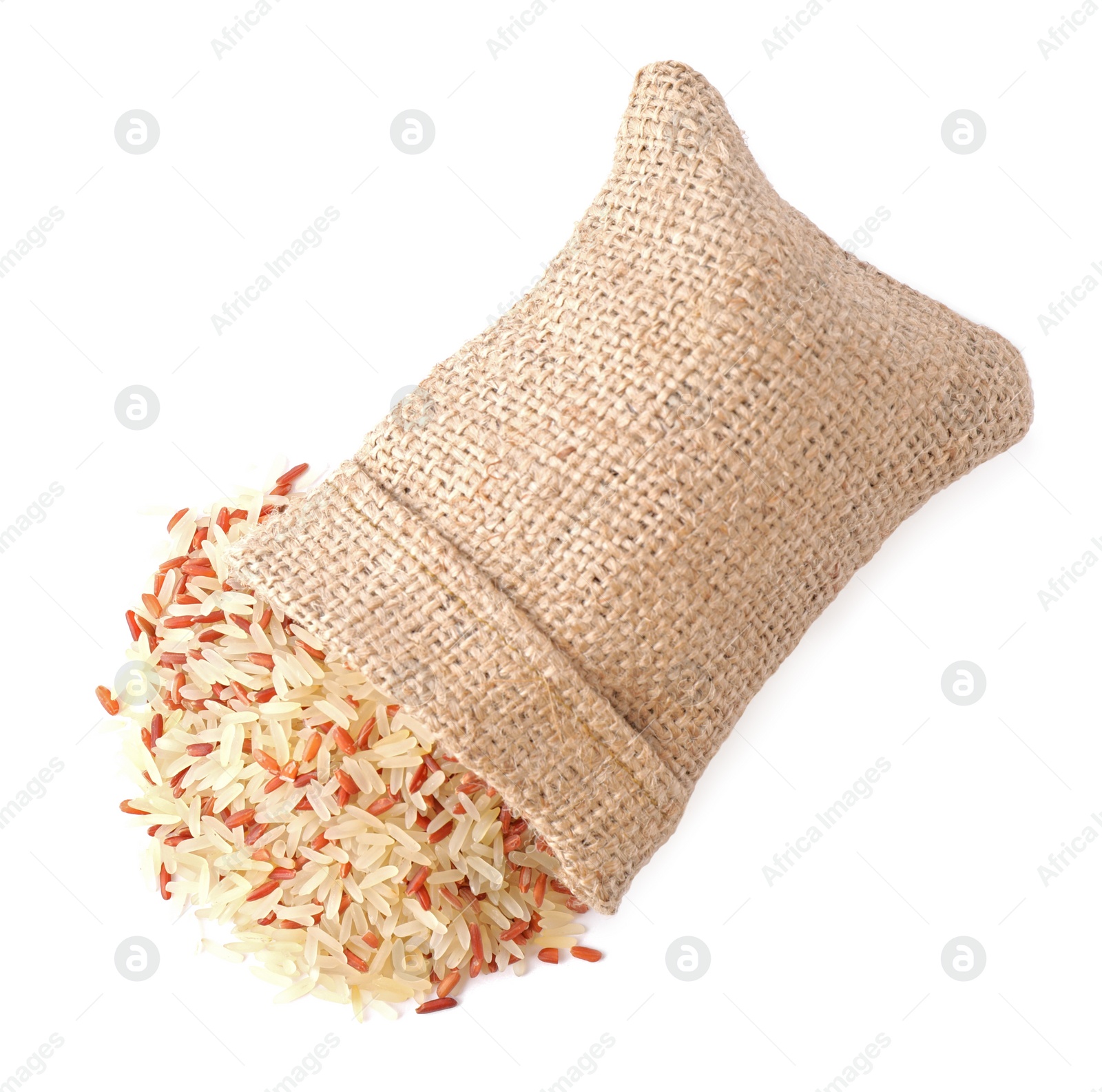 Photo of Mix of brown and polished rice in bag isolated on white, top view