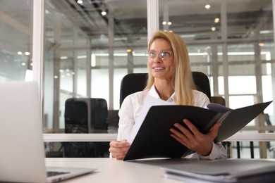 Smiling woman working at table in office. Lawyer, businesswoman, accountant or manager