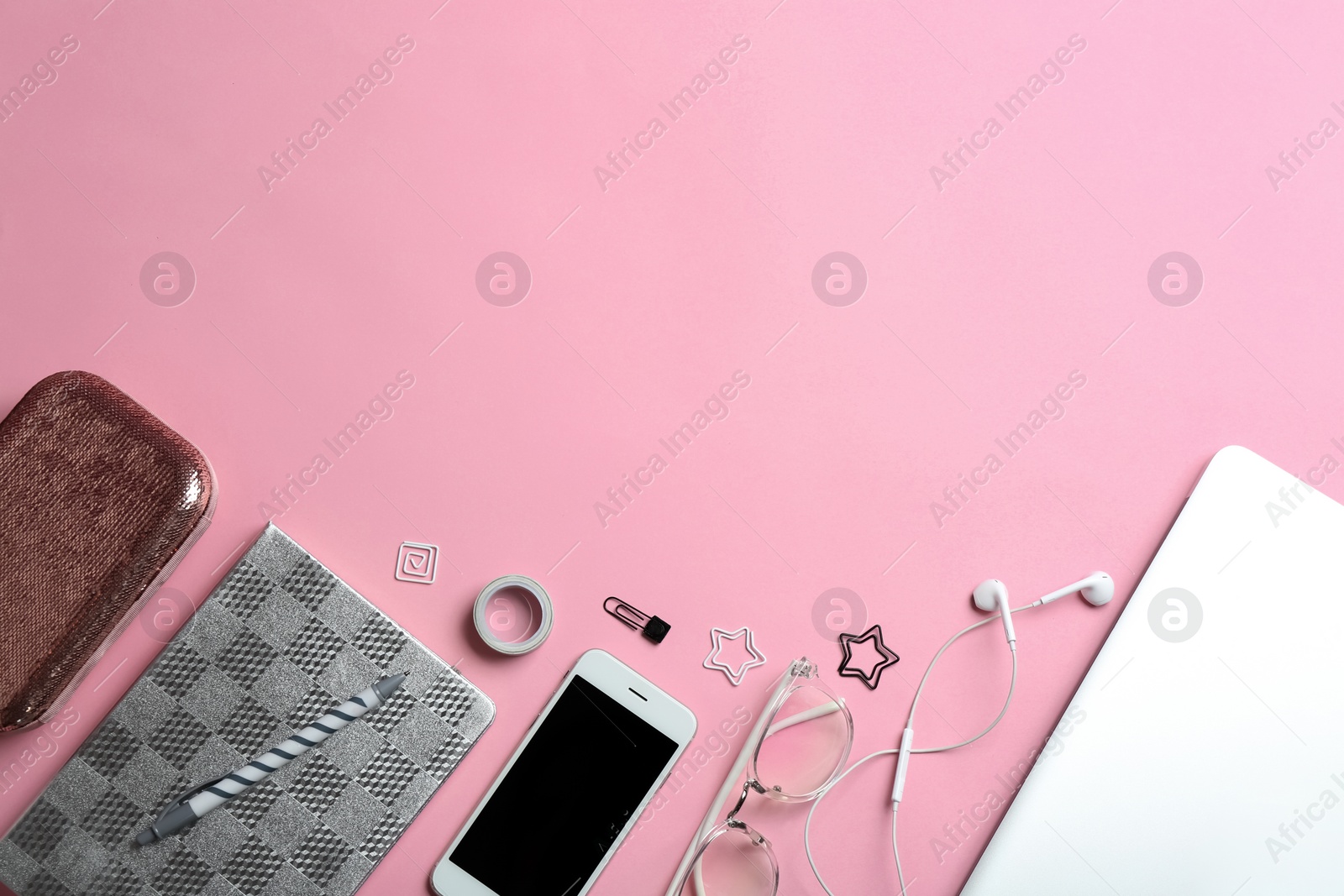 Photo of Flat lay composition with different accessories, laptop and space for text on color background. Fashion blogger