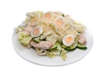 Photo of Delicious salad with Chinese cabbage, eggs and meat isolated on white