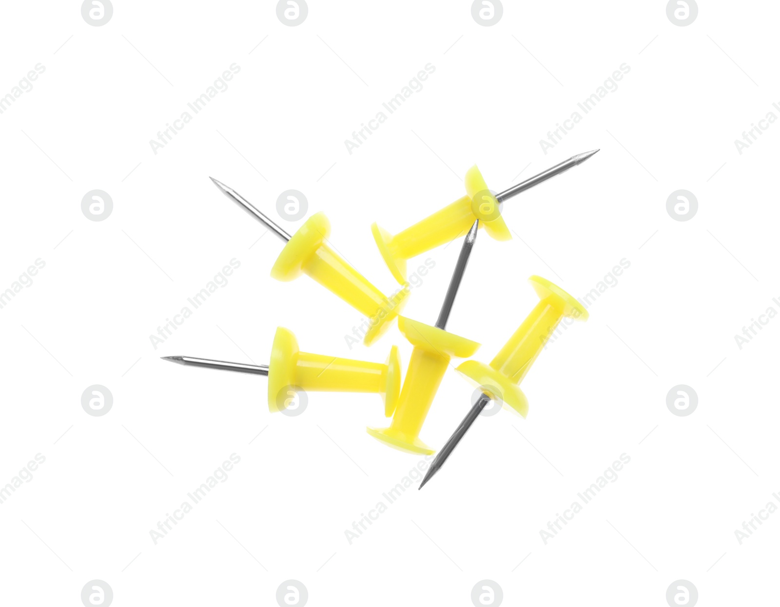 Photo of Colorful drawing pins isolated on white, top view. School stationery