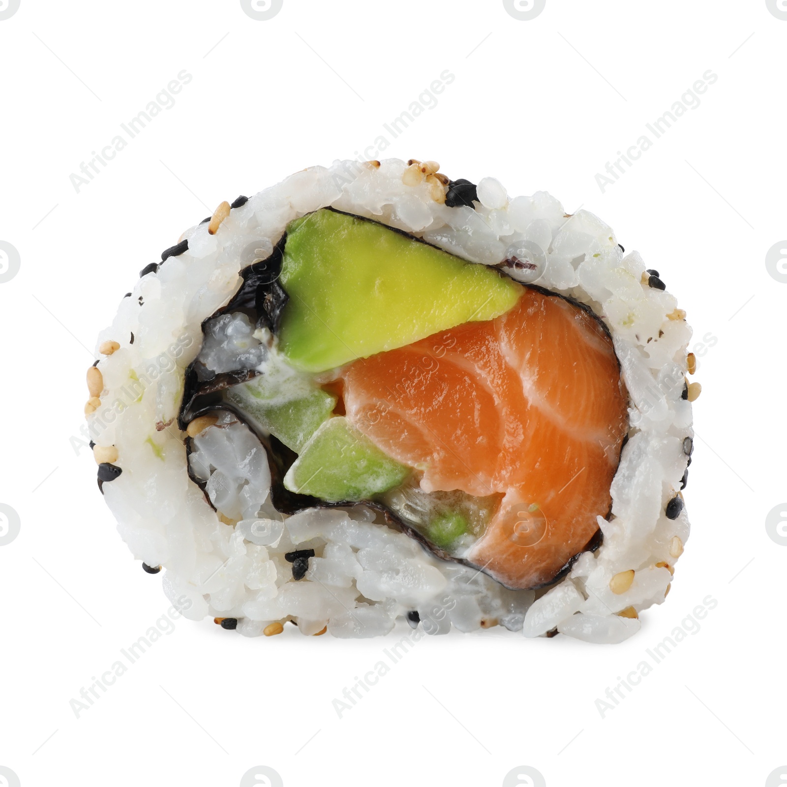 Photo of Delicious fresh sushi roll in sesame isolated on white