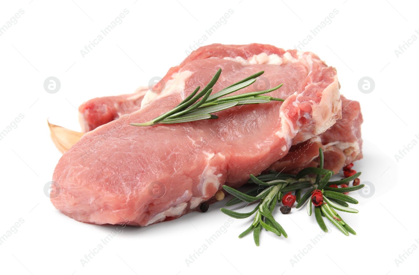 Photo of Fresh raw meat with rosemary and spices isolated on white