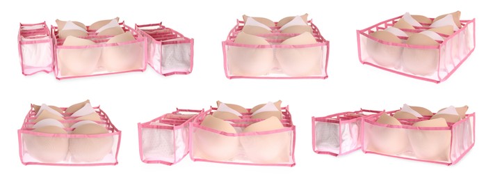 Image of Set with organizers for underwear on white background. Banner design