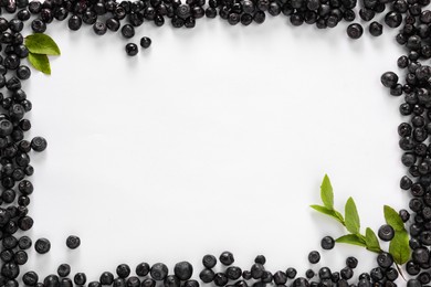 Frame of ripe bilberries and sprig on white background, flat lay. Space for text