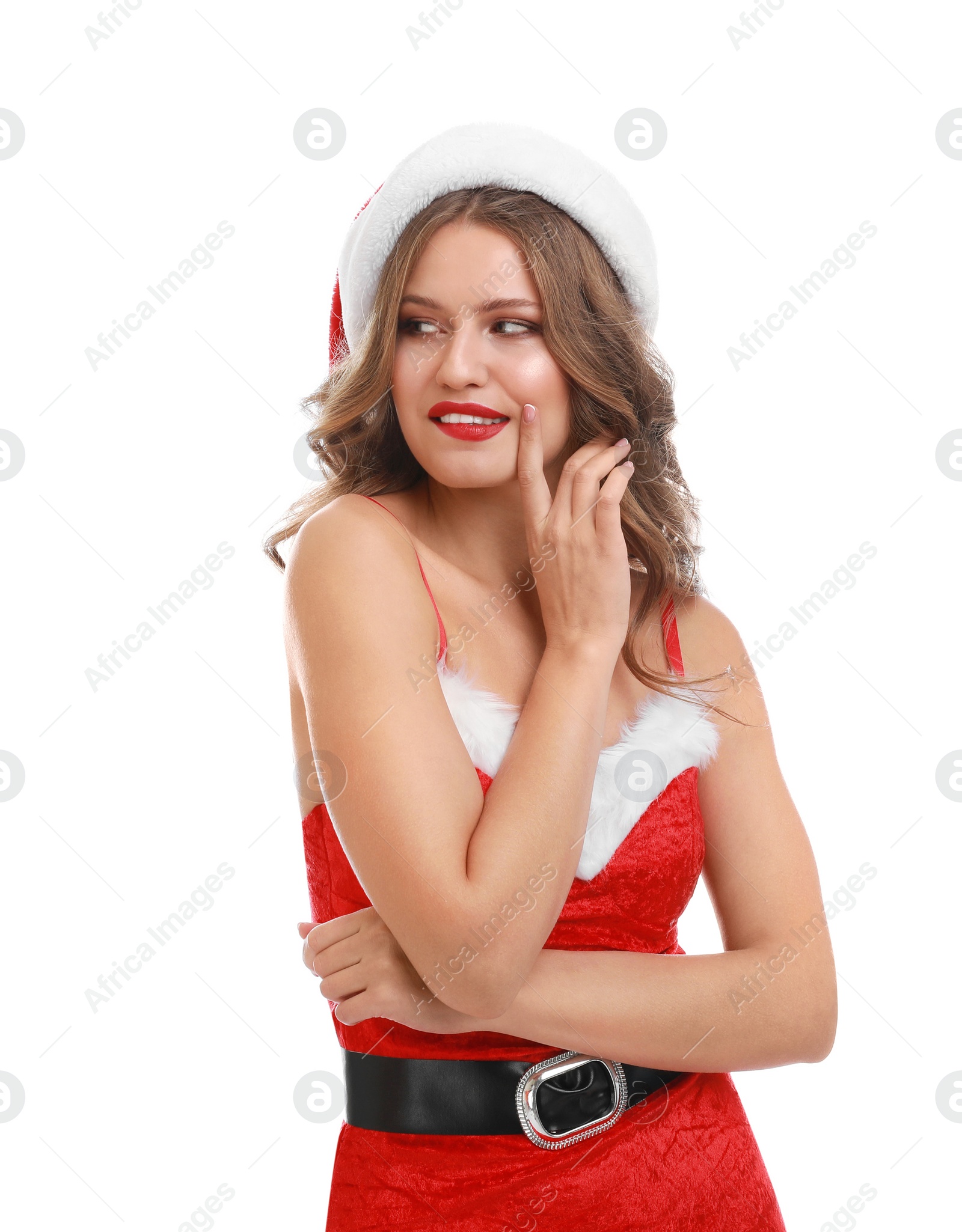 Photo of Beautiful Santa girl on white background. Christmas celebration