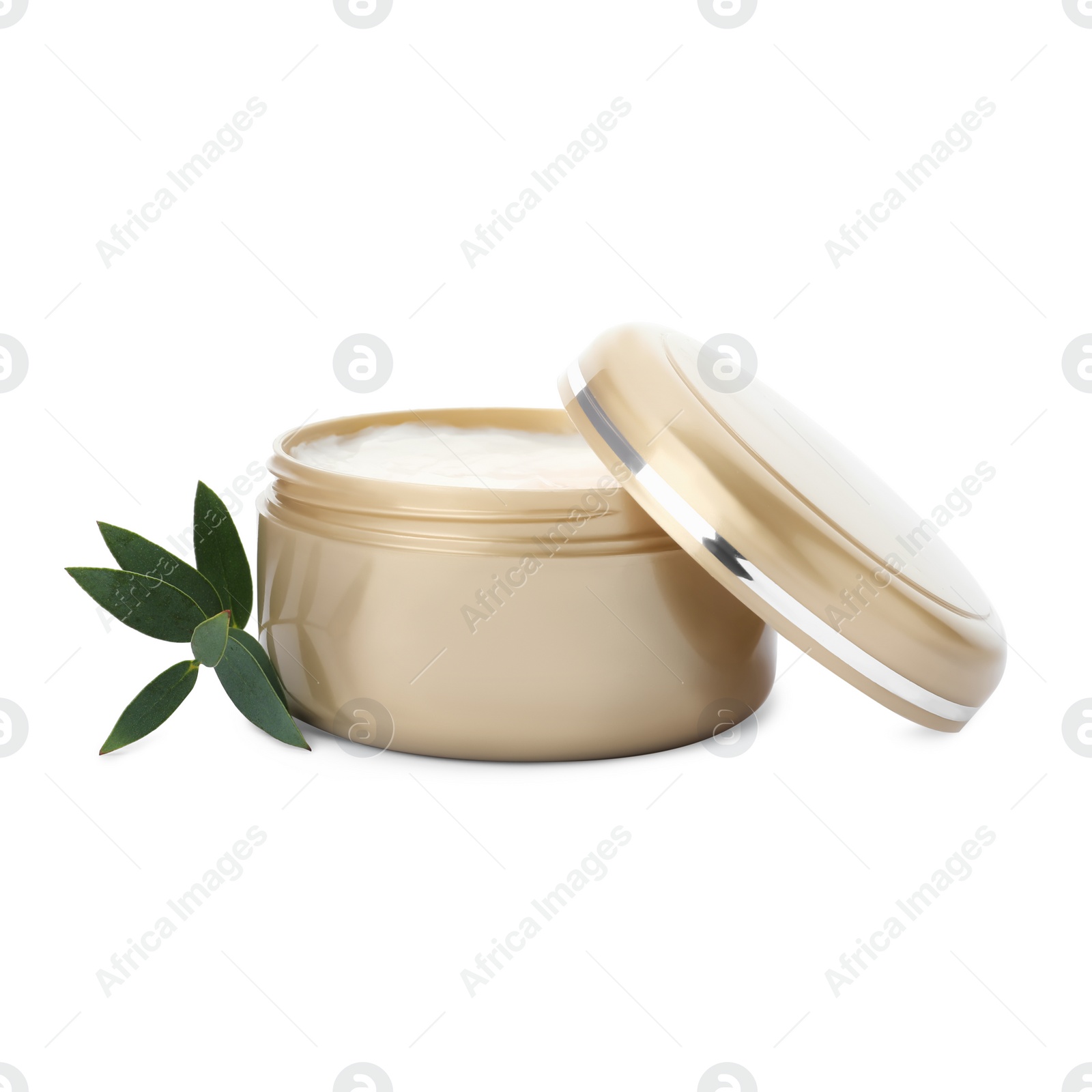 Photo of Jar of cosmetic product and plant isolated on white