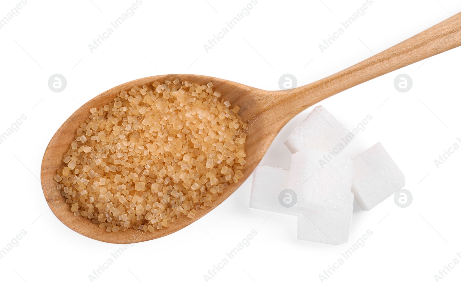 Photo of Different types of sugar and spoon isolated on white, top view