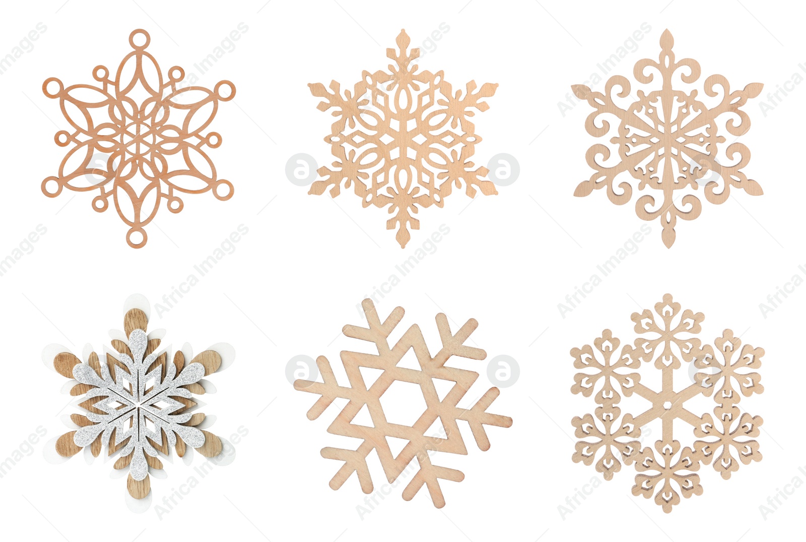 Image of Set of beautiful decorative snowflakes on white background