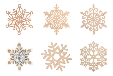 Image of Set of beautiful decorative snowflakes on white background