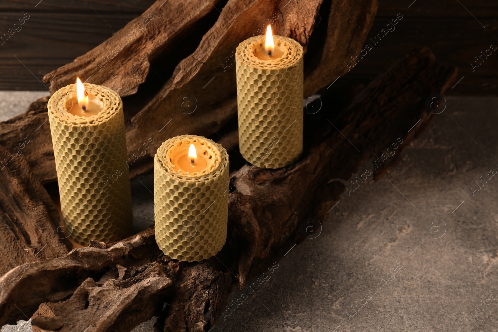 Photo of Beautiful burning beeswax candles on snag indoors