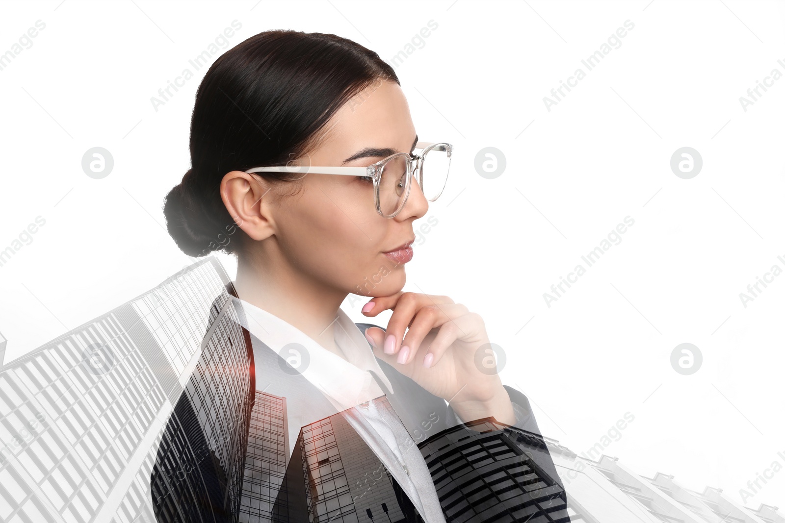 Image of Double exposure of businesswoman and city landscape