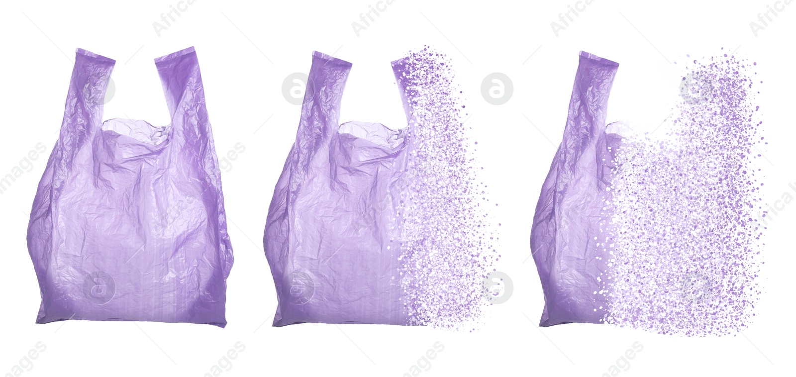 Image of Violet disposable bag vanishing on white background, set. Plastic decomposition