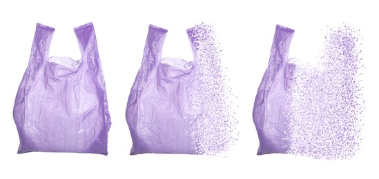 Image of Violet disposable bag vanishing on white background, set. Plastic decomposition
