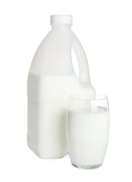 Gallon bottle and glass of milk on white background