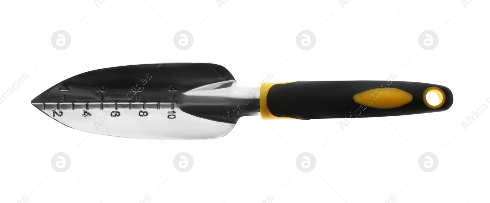 Photo of Modern trowel isolated on white, top view. Gardening tool