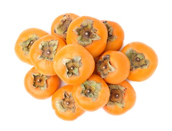 Photo of Whole delicious juicy persimmons on white background, top view