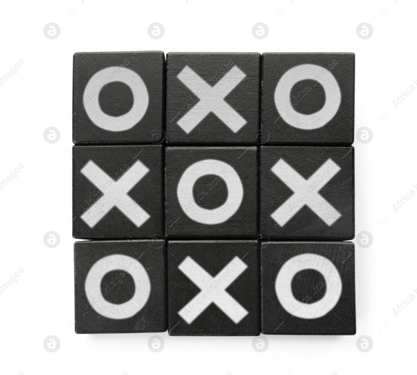 Photo of Wooden tic-tac-toe set on white background, top view