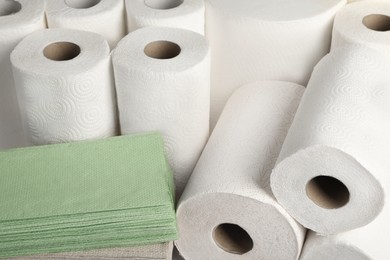 Photo of Many different towels and napkins, closeup view