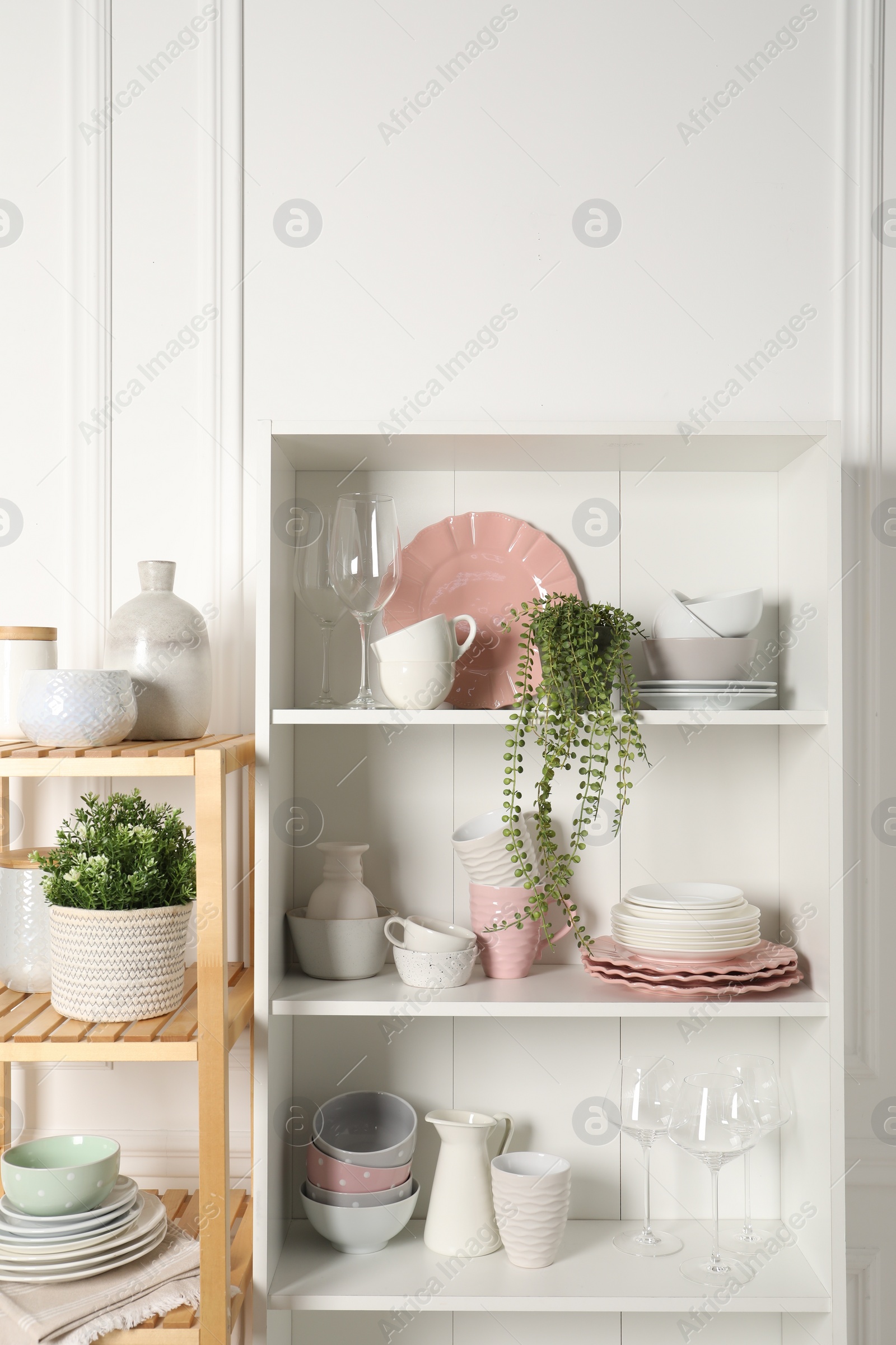 Photo of Different clean dishware and houseplants on shelves in cabinet indoors