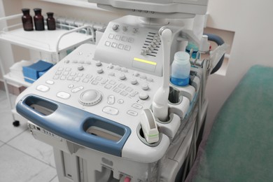 Photo of Ultrasound control panel in hospital, closeup. Medical equipment