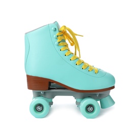 Photo of Pair of stylish quad roller skates on white background