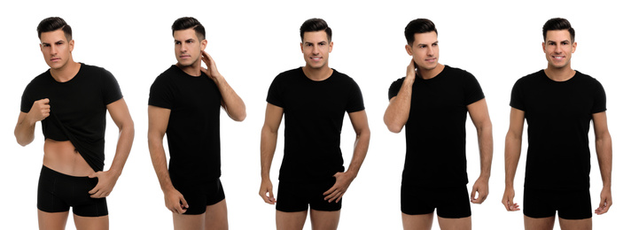 Image of Collage of man in black underwear and t-shirt on white background
